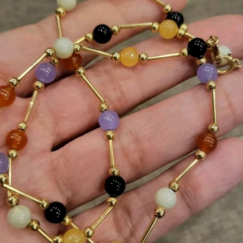 Sold 14 Kt Gold Jadeite Necklace Round Beads Precious Stones - Picture 6 of 6